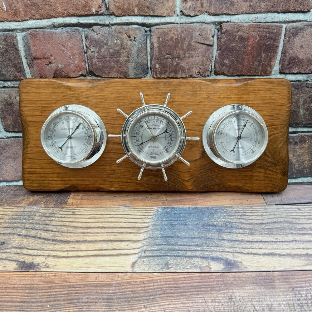 Springfield Weather Station Thermometer Barometer Hygrometer Wood Vtg Nautical